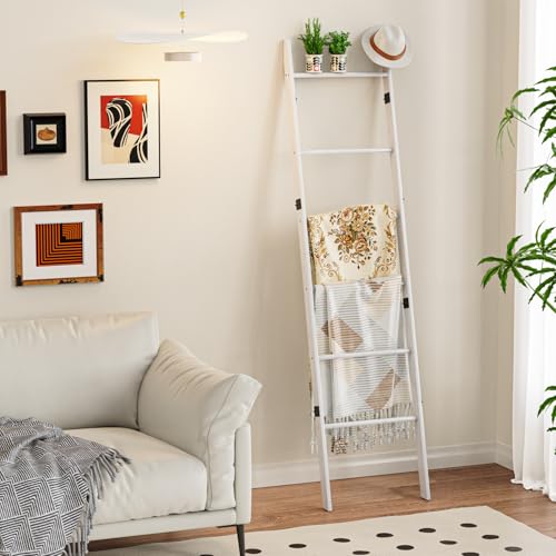 BAMBANG 6-Tier Blanket Ladder for Living Room, Blanket Quilt Ladder Rack Rustic Decorative Towel Holder, Wall Leaning Blanket Ladder Shelf Storage Farmhouse Decor for Bedroom Bathroom, White - Image 4