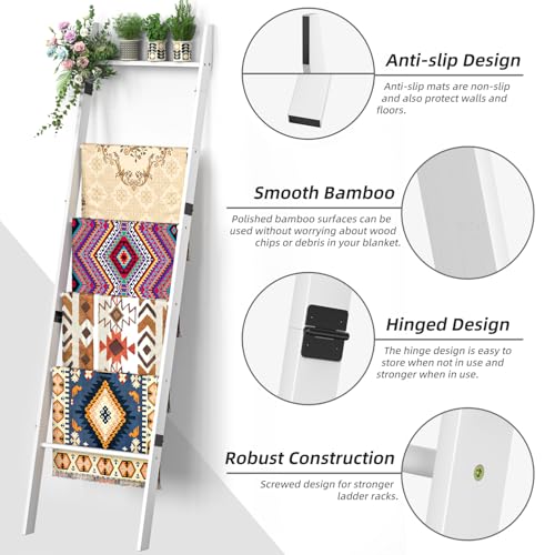 BAMBANG 6-Tier Blanket Ladder for Living Room, Blanket Quilt Ladder Rack Rustic Decorative Towel Holder, Wall Leaning Blanket Ladder Shelf Storage Farmhouse Decor for Bedroom Bathroom, White - Image 3