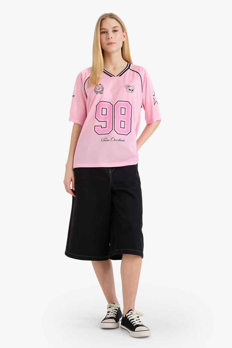 DeFacto Pink Woman Printed Short Sleeve Oversize T-Shirt Casual - Image 2