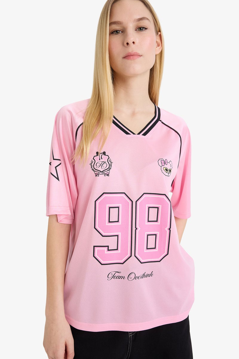 DeFacto Pink Woman Printed Short Sleeve Oversize T-Shirt Casual - Image 3