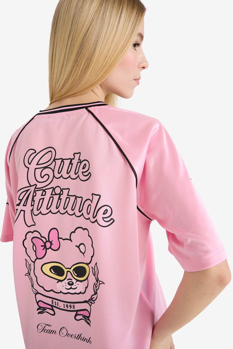 DeFacto Pink Woman Printed Short Sleeve Oversize T-Shirt Casual - Image 1