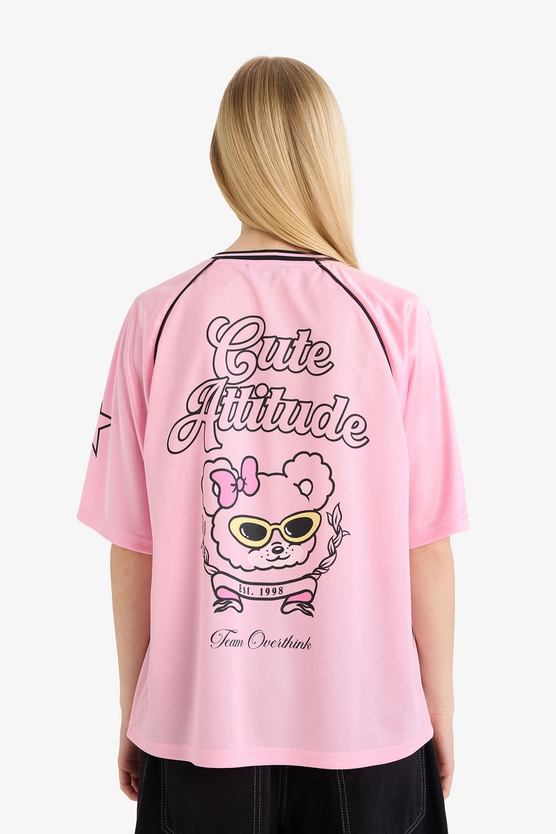 DeFacto Pink Woman Printed Short Sleeve Oversize T-Shirt Casual - Image 5