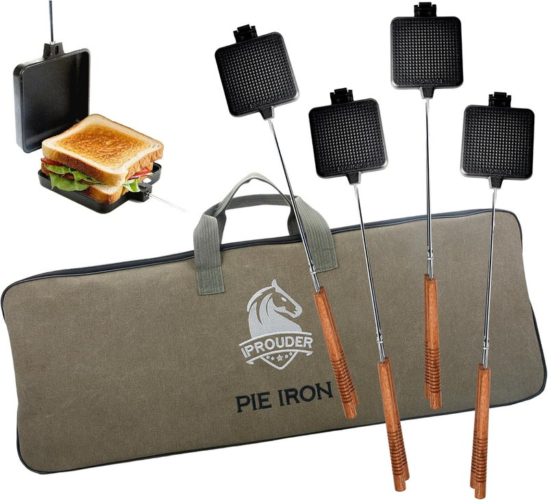 IPROUDER Campfire Pie Iron 4.9" Large Cast Iron Sandwich Maker for Camping 4 Pcs with Storage Bag - 22.6 inch Thickened Handles - Campfire Cooking Equipment for Grilling & Outdoor Cooking - Image 1