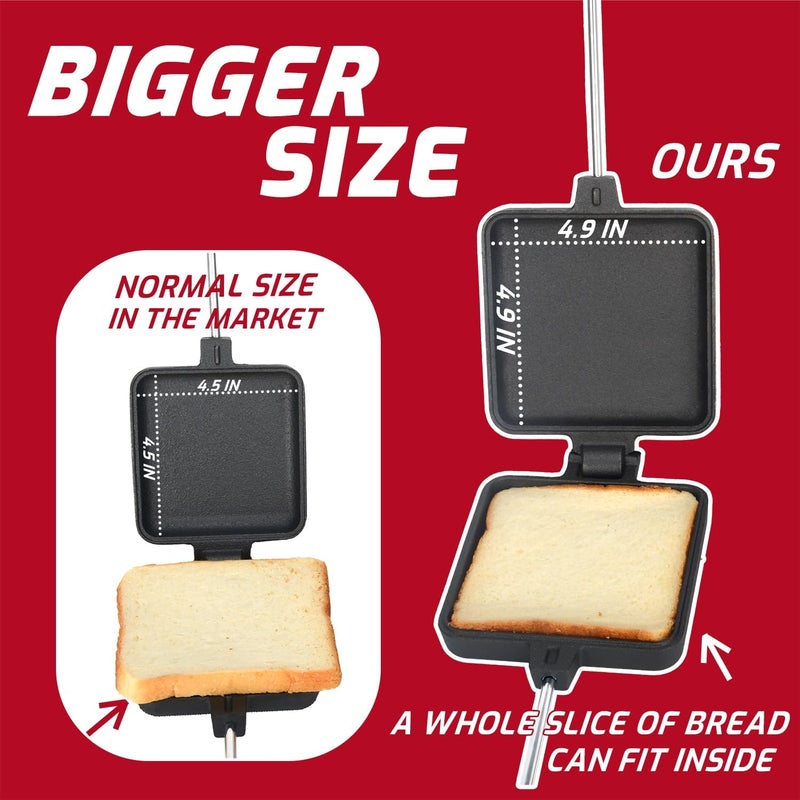 IPROUDER Campfire Pie Iron 4.9" Large Cast Iron Sandwich Maker for Camping 4 Pcs with Storage Bag - 22.6 inch Thickened Handles - Campfire Cooking Equipment for Grilling & Outdoor Cooking - Image 4