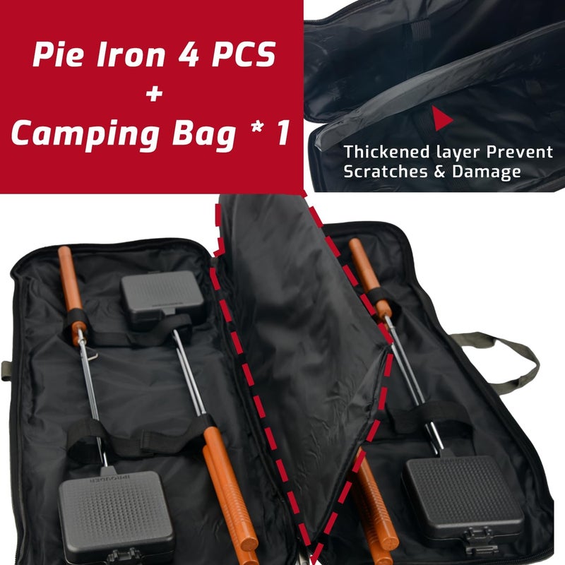 IPROUDER Campfire Pie Iron 4.9" Large Cast Iron Sandwich Maker for Camping 4 Pcs with Storage Bag - 22.6 inch Thickened Handles - Campfire Cooking Equipment for Grilling & Outdoor Cooking - Image 3
