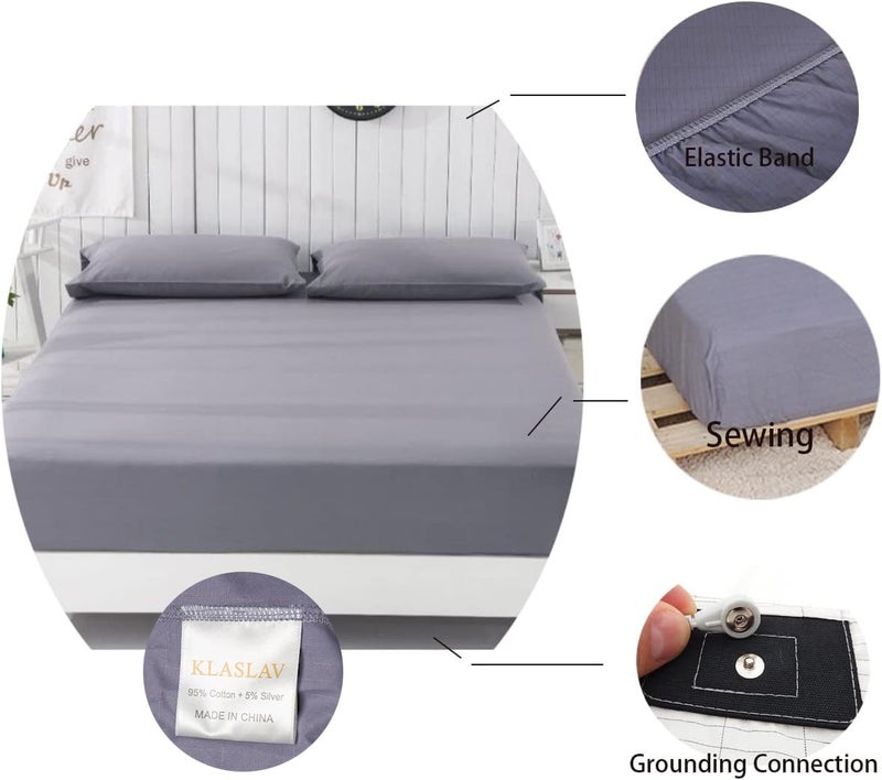 KLASLAV Grounding Fitted Sheet Kit King Size  Grounding Sheets with Deep Pocket  Organic Cotton 5% Silver Fiber  Conductivity Bed Cover for Sleeping  Earth Connected Bedding Grey - Image 2