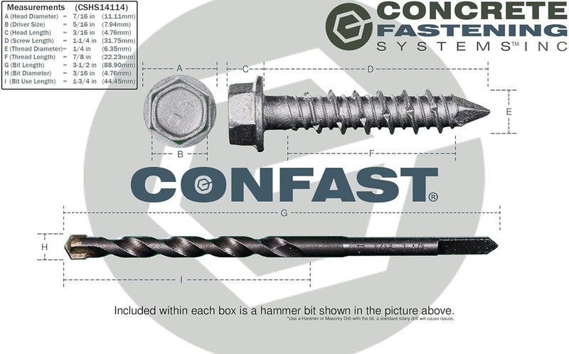 CONFAST 1/4" x 1-1/4" Concrete Screws 410 Stainless Steel Hex with Concrete Drill Bit for Anchoring to Masonry, Block or Brick (50 per Box) - Image 5
