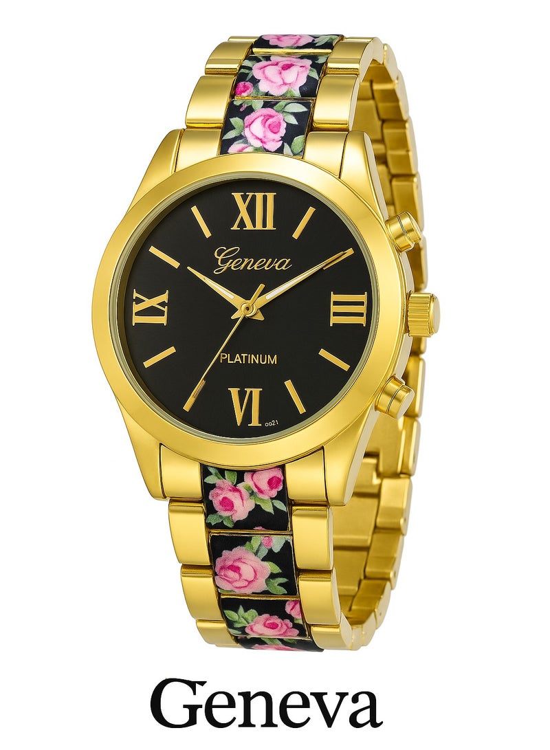 جنيفا ساعة يد ذهبية أنيقة من علامة Geneva بوجه أسود وسوار مزخرف بالورود. - Image 1