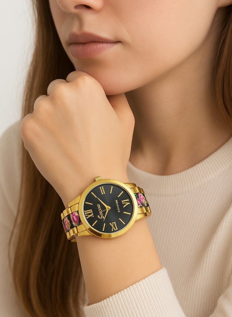 جنيفا ساعة يد ذهبية أنيقة من علامة Geneva بوجه أسود وسوار مزخرف بالورود. - Image 2