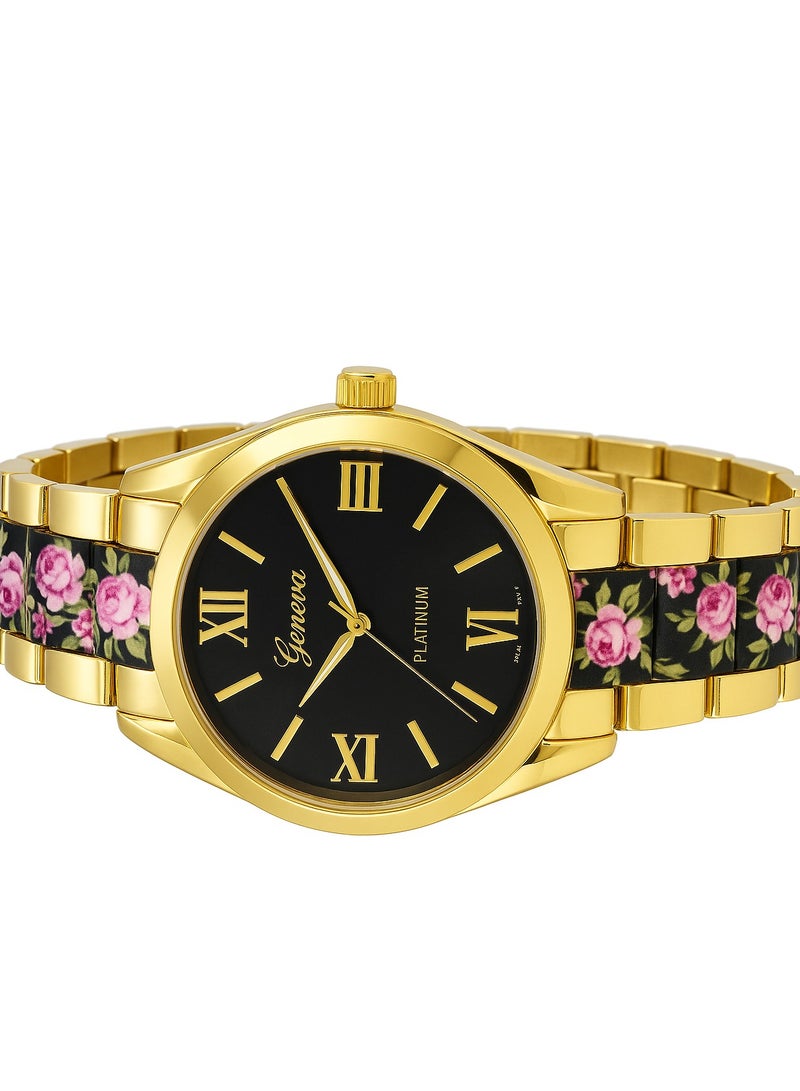 جنيفا ساعة يد ذهبية أنيقة من علامة Geneva بوجه أسود وسوار مزخرف بالورود. - Image 3