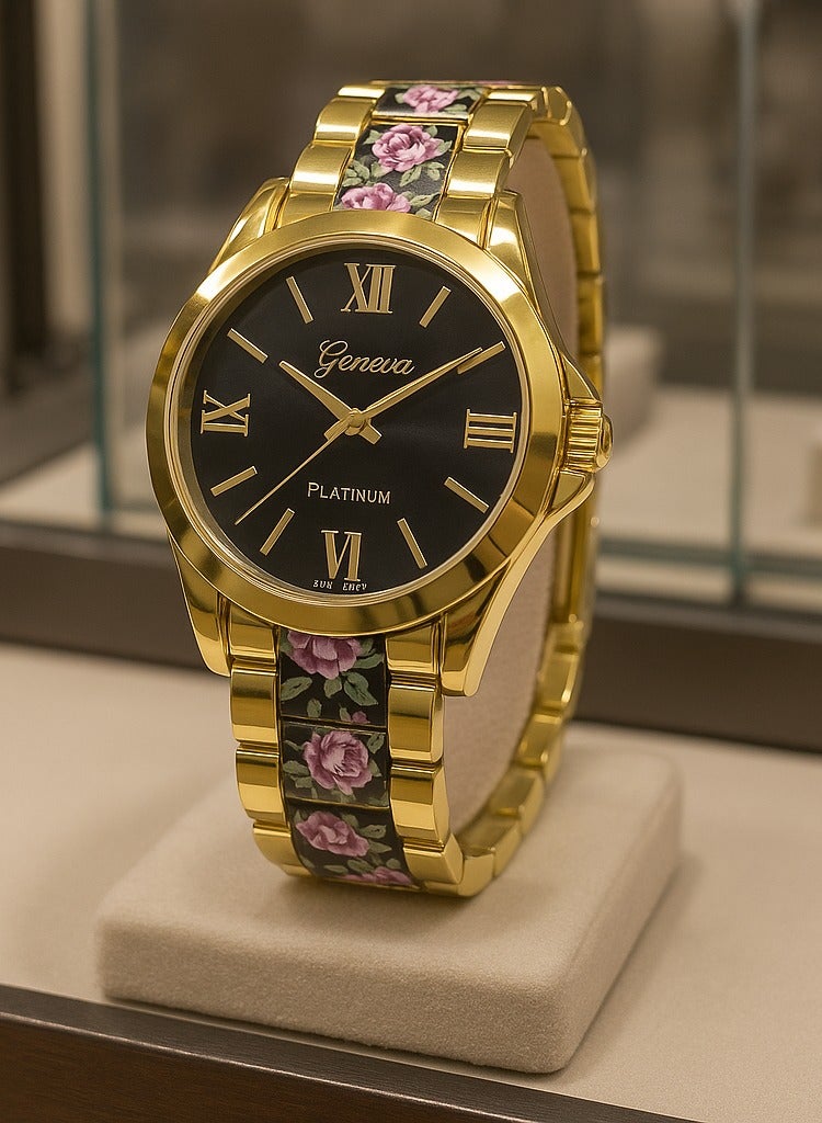 جنيفا ساعة يد ذهبية أنيقة من علامة Geneva بوجه أسود وسوار مزخرف بالورود. - Image 4