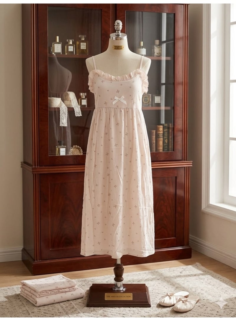 Pastel Free Size Bow-Print Maxi Dress – Ruffled Sweetheart Lounge Gown - Image 1