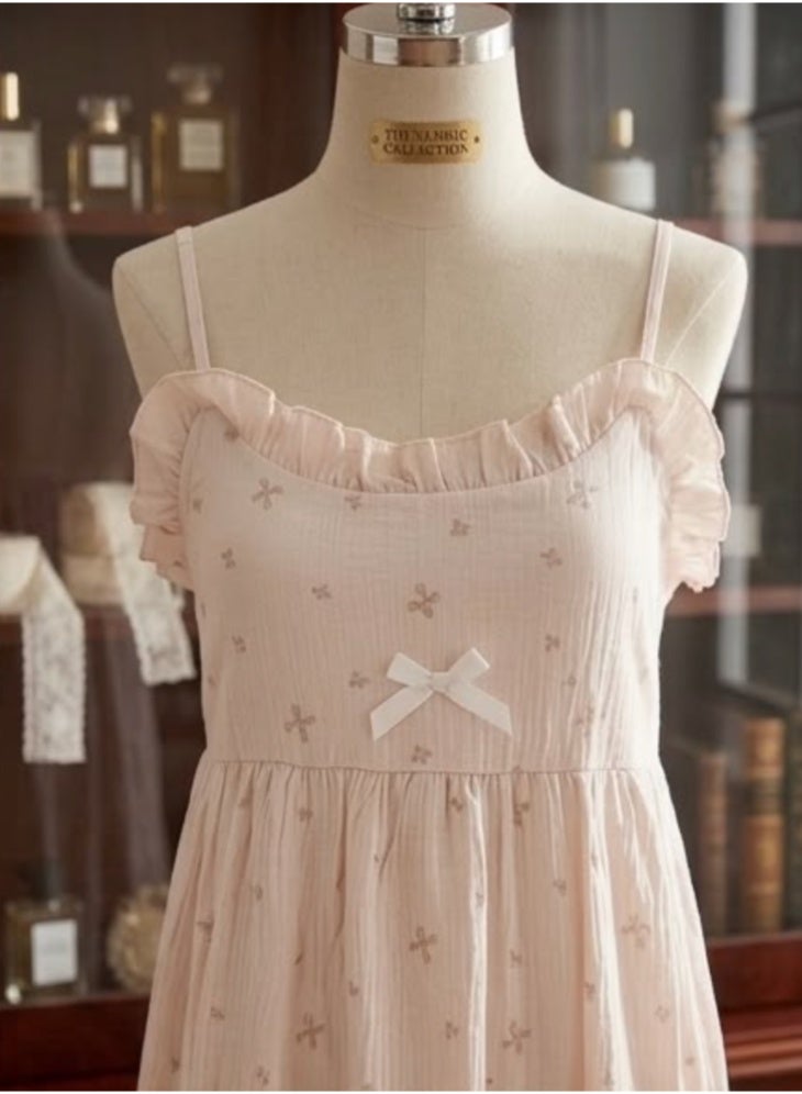 Pastel Free Size Bow-Print Maxi Dress – Ruffled Sweetheart Lounge Gown - Image 2