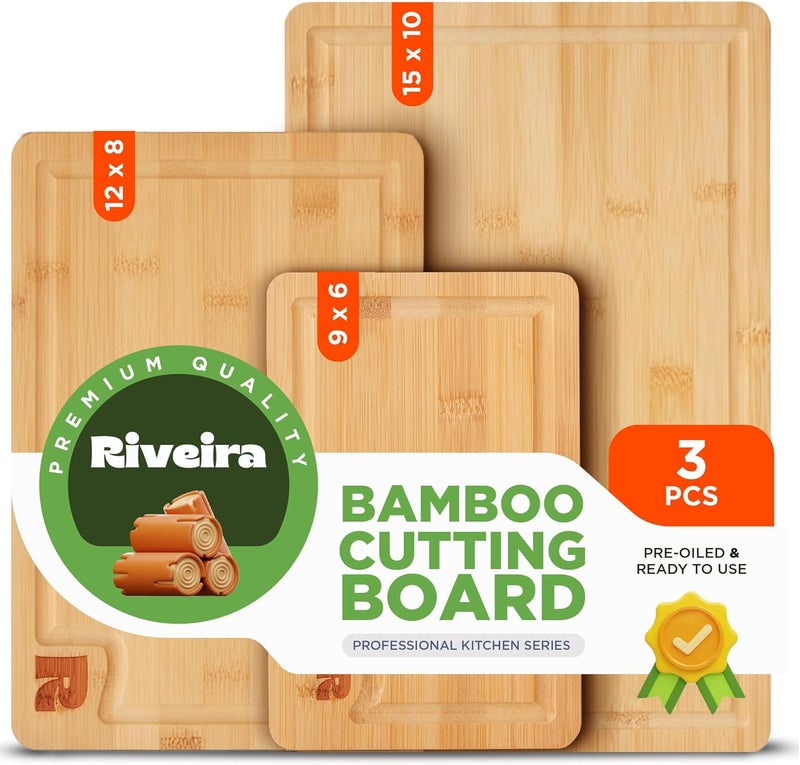 Riveira Bamboo Wood Cutting Board – Versatile And Durable: Set of 3 Pcs Rectangular Wooden Cutting Board – Natural Wooden Cutting Boards For Kitchen – Complete Bamboo Wooden Chopping Board - Image 1