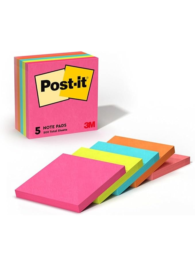 Post-it Notes Neon Colors 654-5PK3 x 3 in (76 x 76 mm), 5 pads/pack | Assorted Colors | Sticky Notes | For Note Taking, To Do Lists and Reminders | Clean Removal | Recyclable | 100 sheets/pad - Image 1