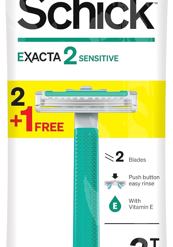 schick شيفك إكزاكتا2 ماكينة حلاقة حساسة ذات شفرات مزدوجة قابلة للتخلص للرجال - 2 شفرات مع فيتامين E و الألوة فيرا - 3 ماكينات حلاقة - Image 1