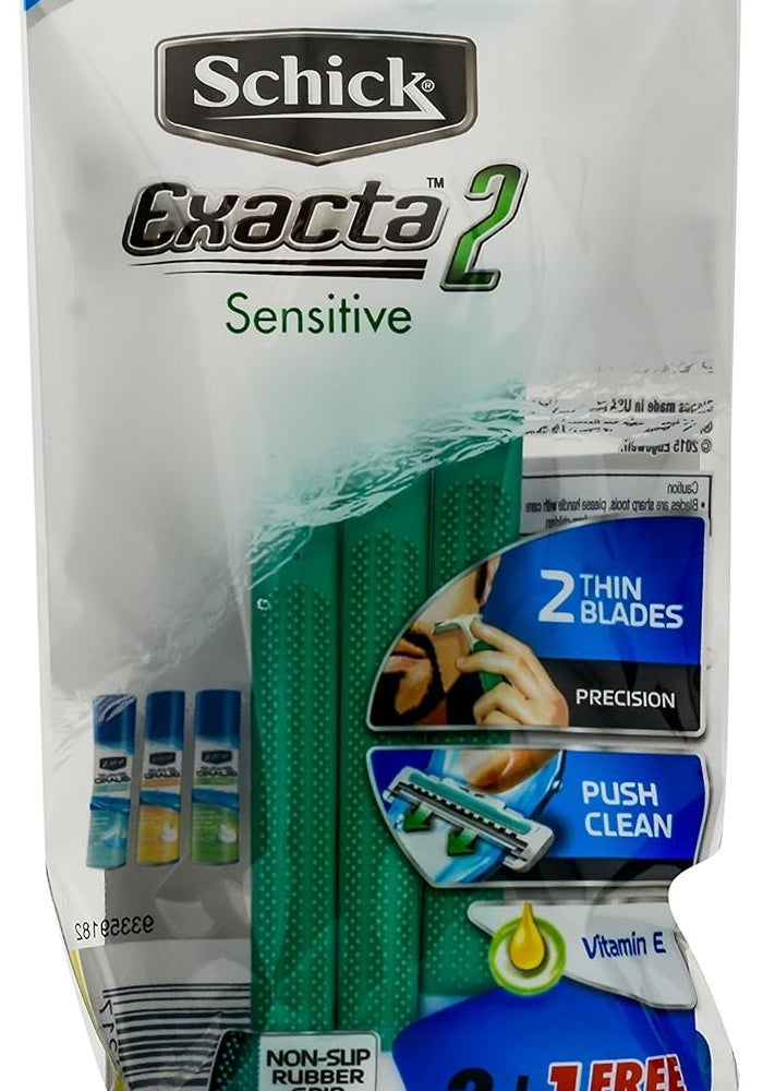 schick شيفك إكزاكتا2 ماكينة حلاقة حساسة ذات شفرات مزدوجة قابلة للتخلص للرجال - 2 شفرات مع فيتامين E و الألوة فيرا - 3 ماكينات حلاقة - Image 2