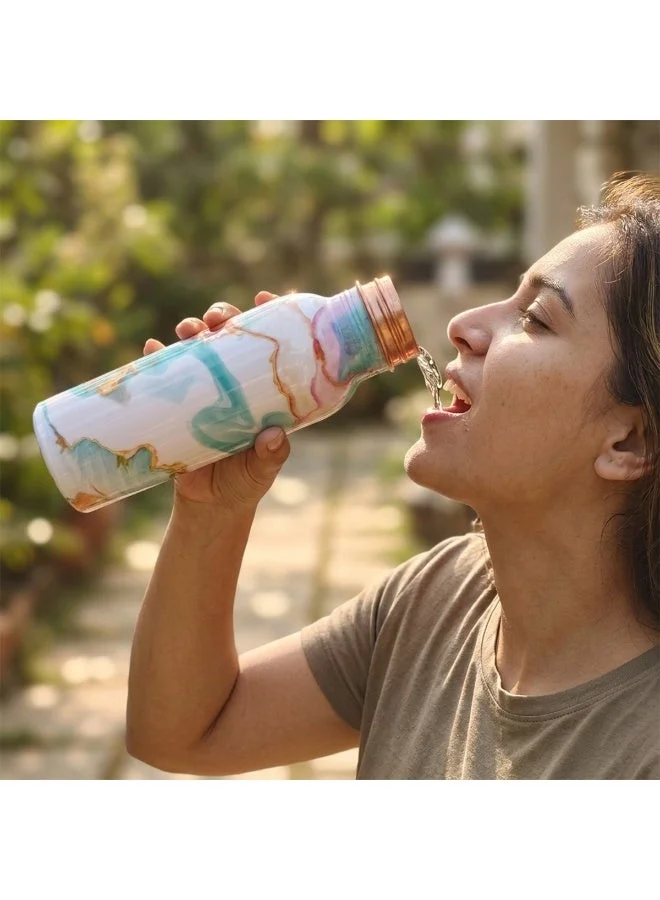Mobcos Mobcos Oceanic Rose Agate Copper Water Bottle 1 Ltr, 99% Pure Copper Bottle with Leakproof Screw Cap, Handmade Marbled Design, Reusable Water Bottle for Home, Office & Travel