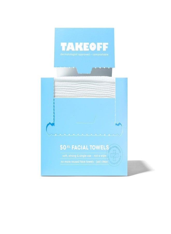 Takeoff Face Towels, 10"×12" XL Face Disposable + Compostable Towelettes, Ultra Soft Makeup Remover Dry Wipes, Thick Face Towel w/Dual Texture For All Skin Types incl. Sensitive, 50 Count (1 Pack) - Image 1