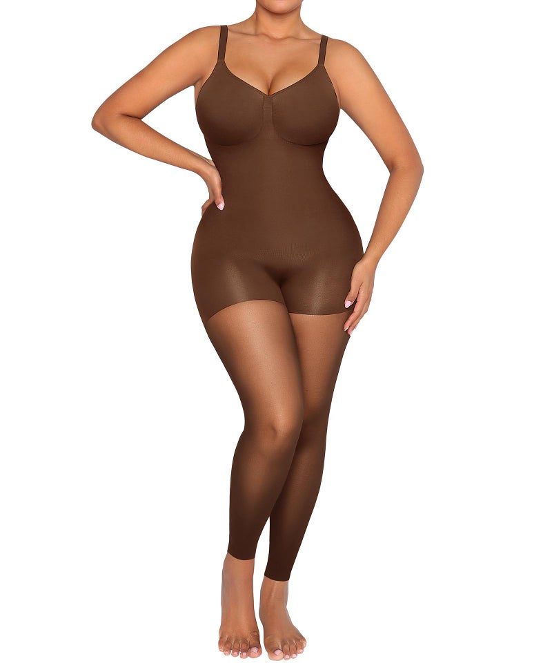 SHAPELLX Full Body Shapewear for Women Sheer Footless Pantyhose Faja Colombiana Body Shaper Tummy Control Brown Medium - Image 1
