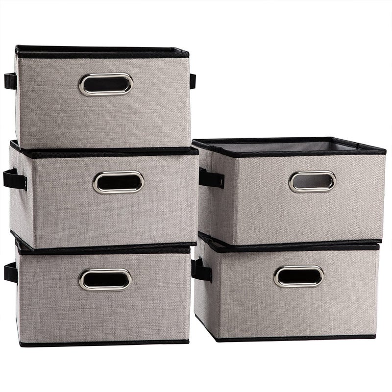PRANDOM Fodable Storage Baskets for Closet 5pack Decorative Fabric Storage Bins Cubes with LeatherMetal Handles for Shelves Bedroom Living Room Light Grey 115x85x67 Inch