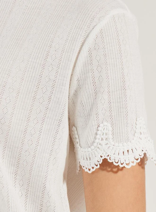 Styli Pointelle Round Neck Lace Detail Top