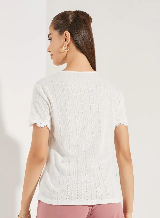 Styli Pointelle Round Neck Lace Detail Top