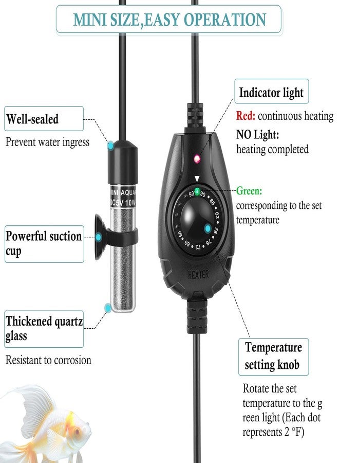 FEDOUR Mini Type-C Aquarium Heater, Small Adjustable Heater with External Controller for up to 2.5Gallon Small Fish Tank, Nano Fish Tank Heater, Betta Heater for Fish Bowls - Image 3