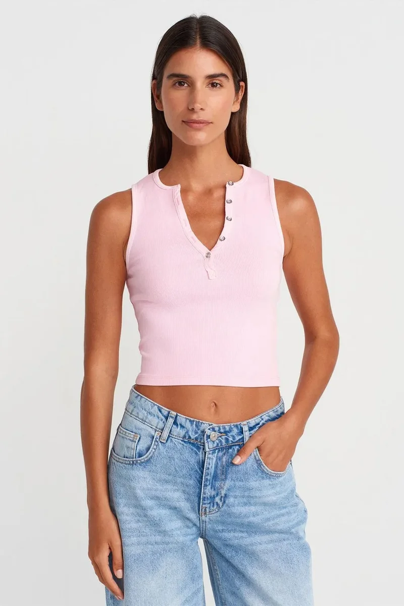 Dilvin Powder Pink DILVIN Women's Ribbed Cotton-Blend Crop Top for Women | Best Price UAE