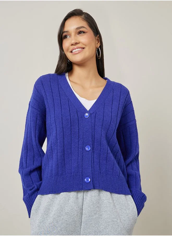 Styli Boxy Fit Ribbed Button Through Cardigan