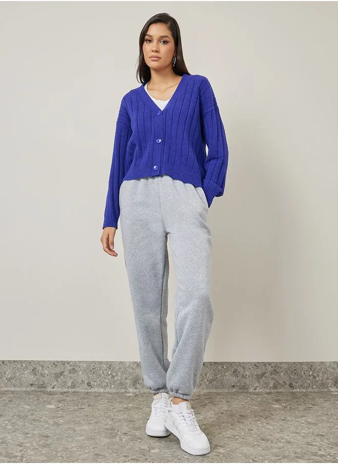 Styli Boxy Fit Ribbed Button Through Cardigan