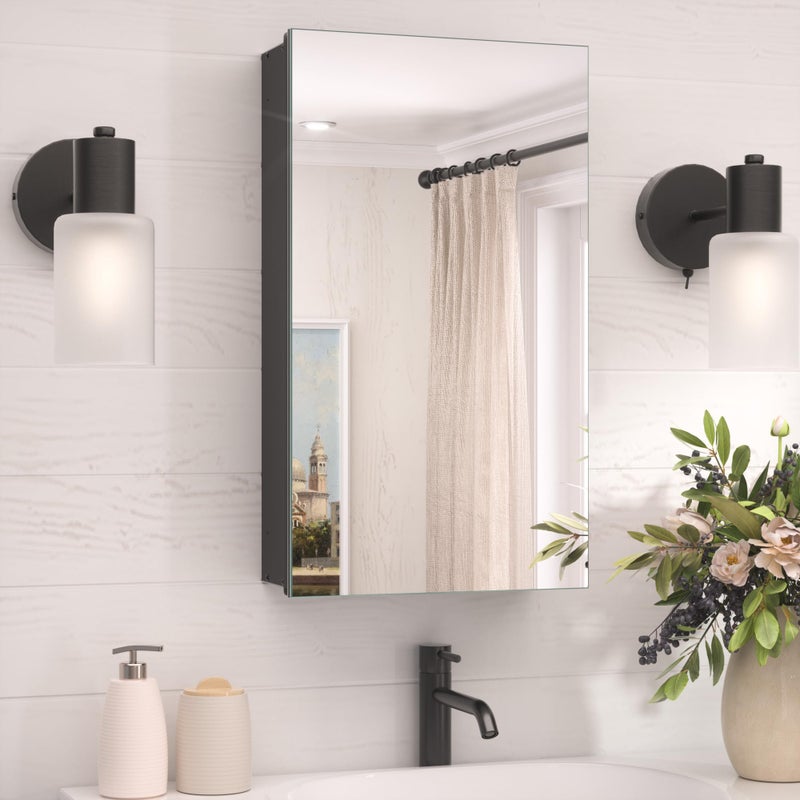TokeShimi 14x24 Bathroom Mirror with Storage Tempered, Aluminum Black Recessed Medicine Cabinet with Mirror Frameless Stepless Adjustable Shelf, Surface Mount Medicine Cabinet for Bathroom - Image 1