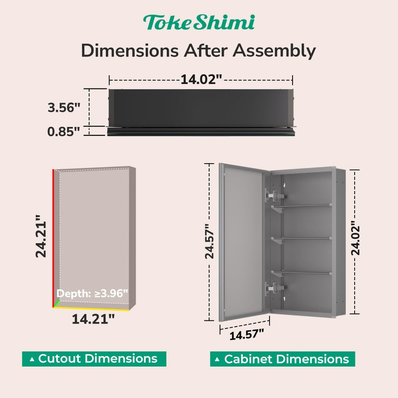 TokeShimi 14x24 Bathroom Mirror with Storage Tempered, Aluminum Black Recessed Medicine Cabinet with Mirror Frameless Stepless Adjustable Shelf, Surface Mount Medicine Cabinet for Bathroom - Image 2