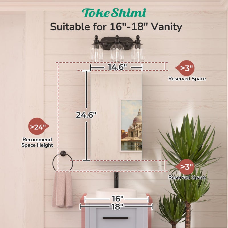 TokeShimi 14x24 Bathroom Mirror with Storage Tempered, Aluminum Black Recessed Medicine Cabinet with Mirror Frameless Stepless Adjustable Shelf, Surface Mount Medicine Cabinet for Bathroom - Image 4