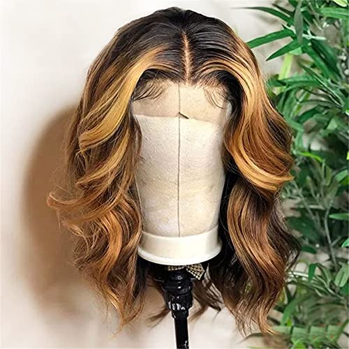 ANDRIA 13X4 HD Lace Front Wigs PrePlucked Hairline 16 Inches Body Wave Honey Brown Glueless Lace Frontal Wigs with Baby Hair Short Bob Wig 200 Density Loose Wave Short Curly Lace Closure Wig