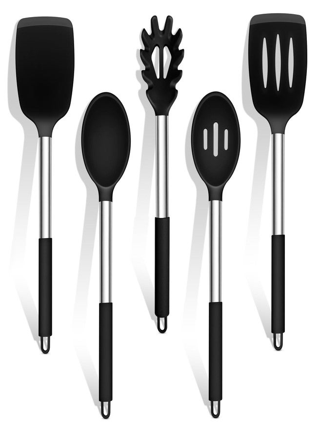 TeamFar Cooking Utensils Set, 5 PCS Silicone Kitchen Utensils with Stainless Steel Handle, for Nonstick Cookware Flipping Frying Turning Draining, Heatproof & Healthy, Nonstick & Easy Clean, Black - Image 1