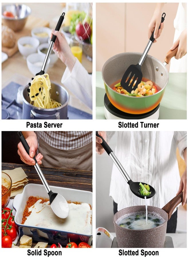 TeamFar Cooking Utensils Set, 5 PCS Silicone Kitchen Utensils with Stainless Steel Handle, for Nonstick Cookware Flipping Frying Turning Draining, Heatproof & Healthy, Nonstick & Easy Clean, Black - Image 4