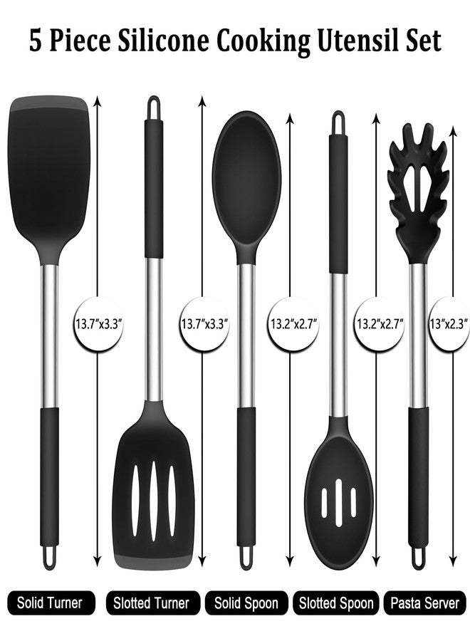 TeamFar Cooking Utensils Set, 5 PCS Silicone Kitchen Utensils with Stainless Steel Handle, for Nonstick Cookware Flipping Frying Turning Draining, Heatproof & Healthy, Nonstick & Easy Clean, Black - Image 2