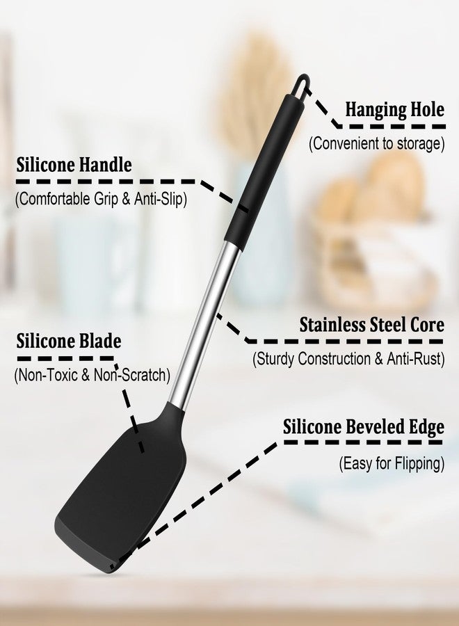 TeamFar Cooking Utensils Set, 5 PCS Silicone Kitchen Utensils with Stainless Steel Handle, for Nonstick Cookware Flipping Frying Turning Draining, Heatproof & Healthy, Nonstick & Easy Clean, Black - Image 3