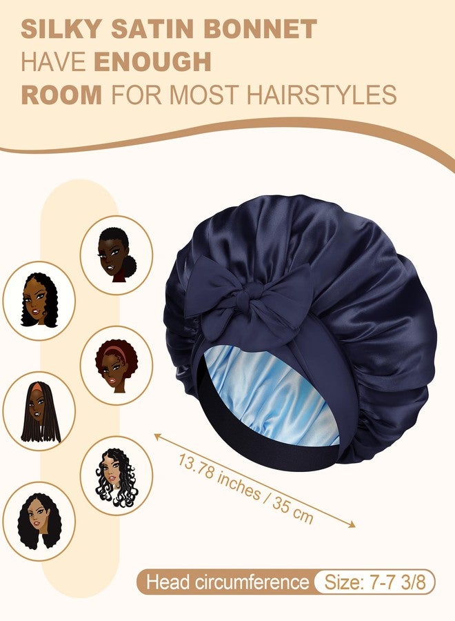 AWAYTR Satin Bonnet for Women Silk Bonnets for Sleeping Curly Hair Bonnet with Elastic Tie Band Reversible Double Layer Sleep Cap Hair Wrap (Navy Blue+Light Blue - Image 3