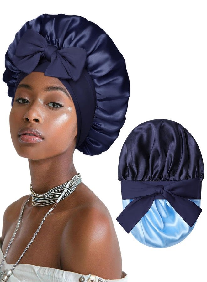AWAYTR Satin Bonnet for Women Silk Bonnets for Sleeping Curly Hair Bonnet with Elastic Tie Band Reversible Double Layer Sleep Cap Hair Wrap (Navy Blue+Light Blue - Image 1