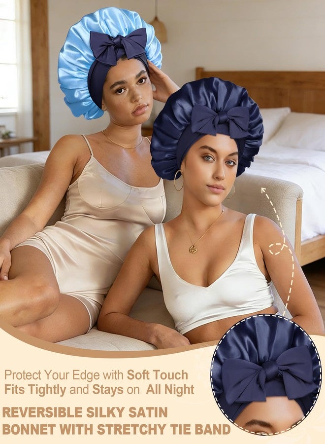 AWAYTR Satin Bonnet for Women Silk Bonnets for Sleeping Curly Hair Bonnet with Elastic Tie Band Reversible Double Layer Sleep Cap Hair Wrap (Navy Blue+Light Blue - Image 2