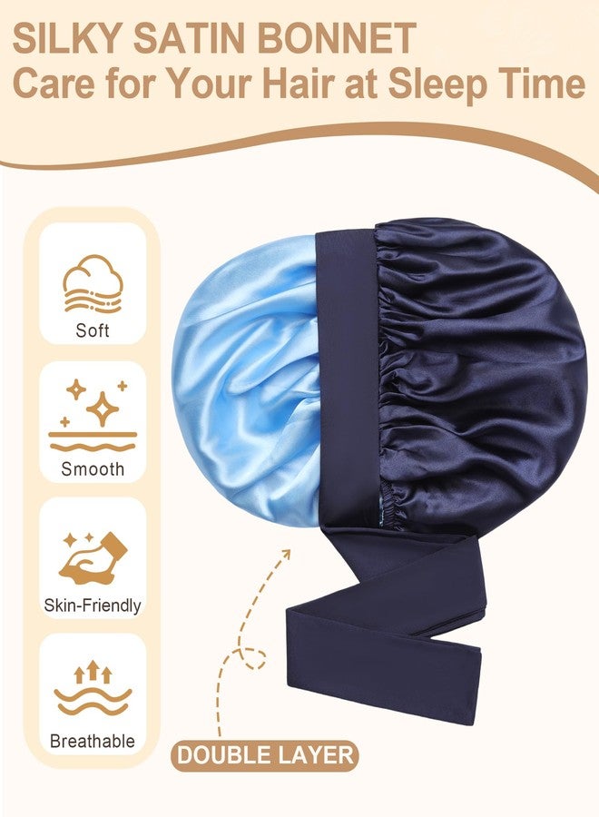 AWAYTR Satin Bonnet for Women Silk Bonnets for Sleeping Curly Hair Bonnet with Elastic Tie Band Reversible Double Layer Sleep Cap Hair Wrap (Navy Blue+Light Blue - Image 4