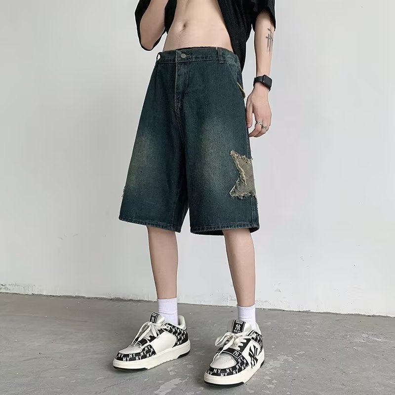 Denim Shorts For Boys Summer American Retro Five-Pointed Star Loose Casual Straight Five-Point Medium Pants - Image 5