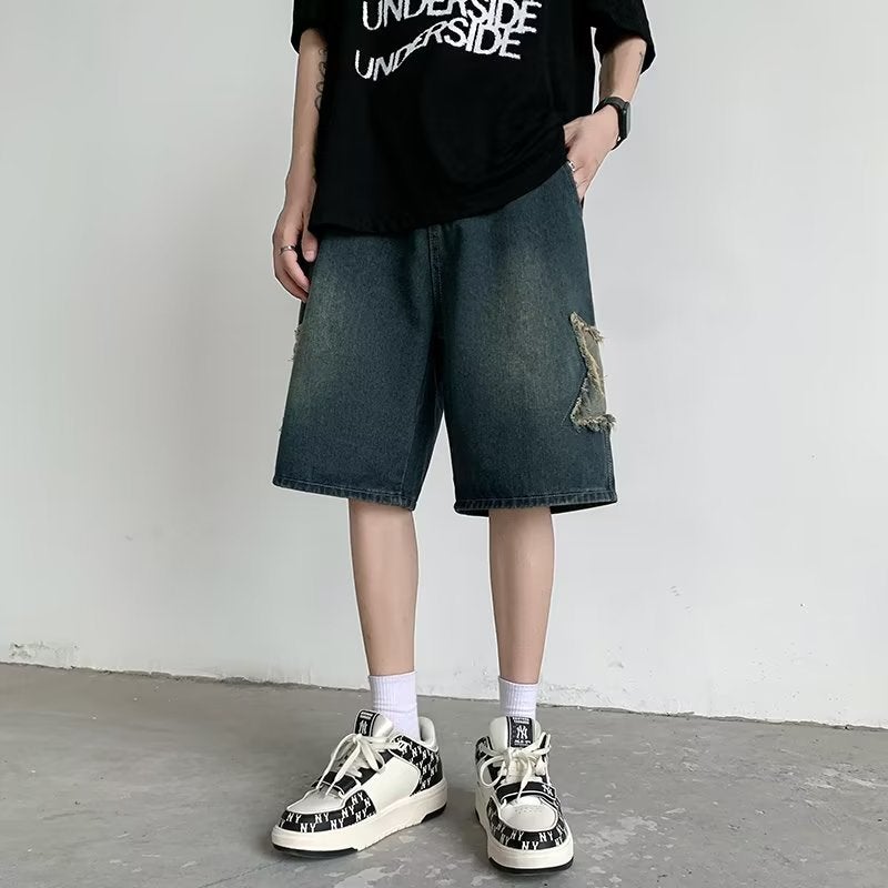 Denim Shorts For Boys Summer American Retro Five-Pointed Star Loose Casual Straight Five-Point Medium Pants - Image 3