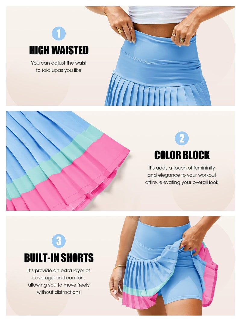 Fisoew Women's High Waisted Tennis Skirts Color Block Pleated Athletic Golf Skorts with Built in Shorts Blue - Image 4