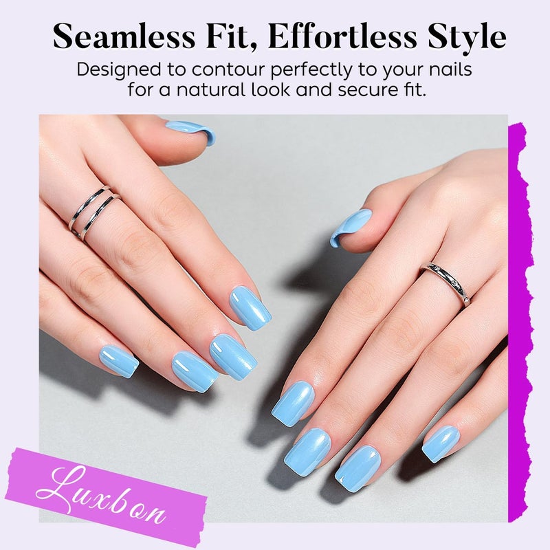 Luxbon Blue Crome Press On Nails 066, with No-Cure Glue, Short Square Glossy Quick to Stick on, 30-32 Pieces Soft Acrylic Full Cover, Reusable & Tool Kit Adjustable build - Image 5