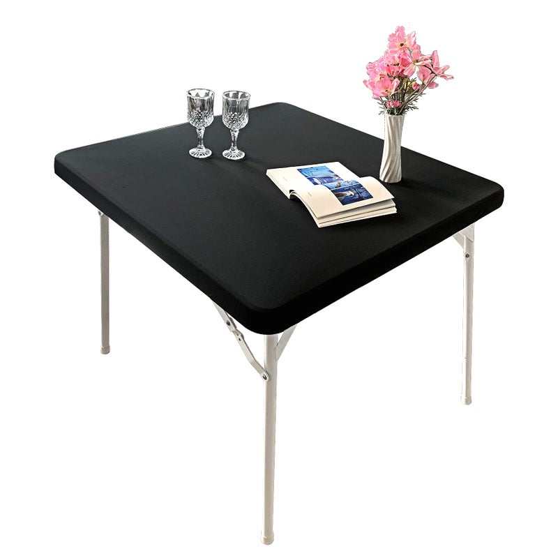 Monibana Cocktail Fitted Spandex Stretch Square Table Covers Caps Elastic Square Tablecloth Black Table Topper 34x34 Inch - Image 1