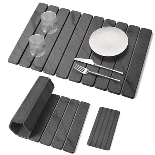 Sangukiro 2 PCS Large Stone Dish Drying Mat for Kitchen Counter 2416 MarblePattern Dish Drying Mat with 8x 4 Coasters Non Slip Collapsible Absorbent Mat for Multi Purpose Match Any CountertopGray - Image 1