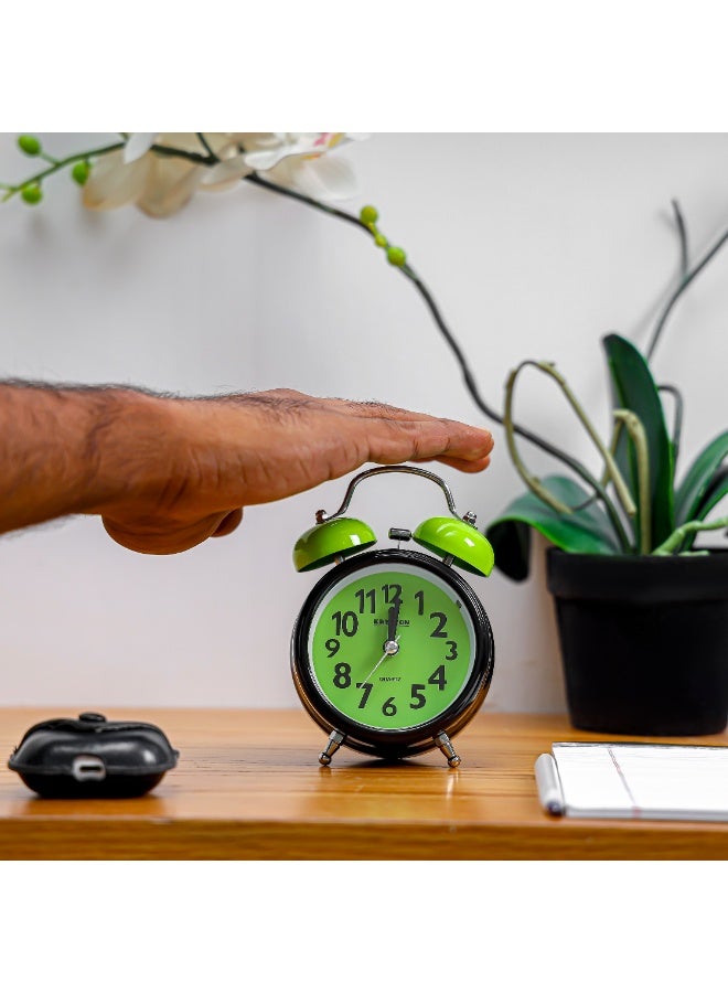 KRYPTON Analog Alarm Clock for Heavy Sleepers – Twin Bell Design, Bright Night Light, Compact and Portable – Black and Green - Image 4